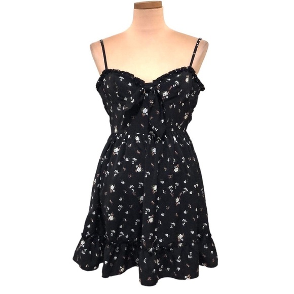 Lulu’s Romantic Muse Dress Black Floral Print Tie-Front Ruffled Mini - Picture 1 of 8